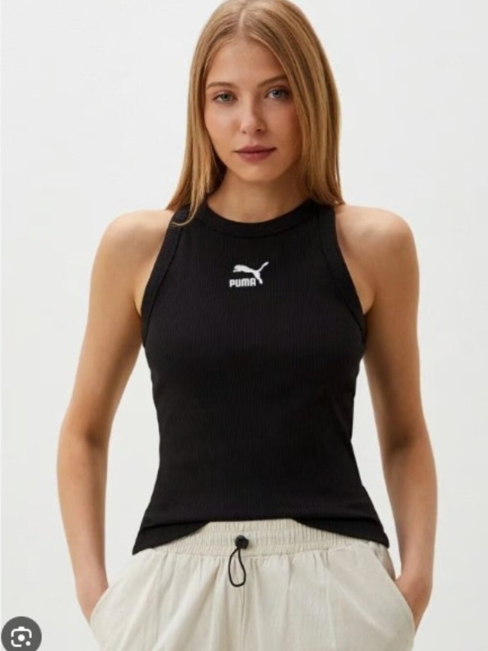 Puma Black Ribbed Logo Slim Tank. XS/S